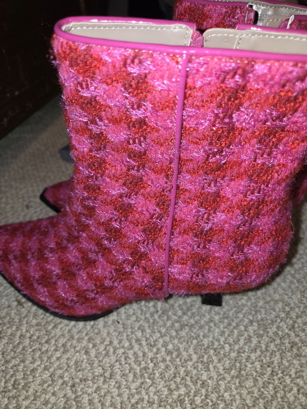 Betsey Johnson Pink and Red Tweed Pointed-Toe Ankle Boots